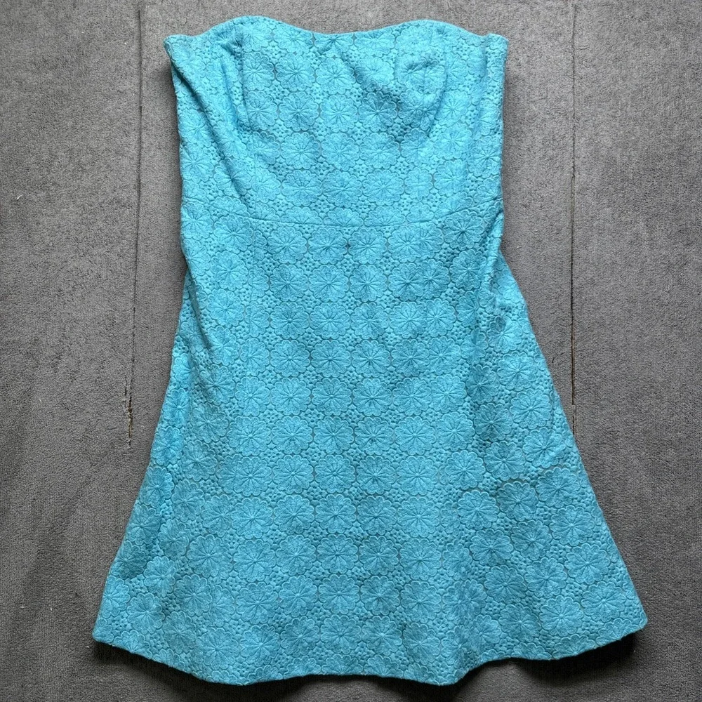 Lilly Pulitzer Blue Daisy Eyelet Strapless‎ Vicki Dress Women's 12 Floral Retro - Picture 2 of 11